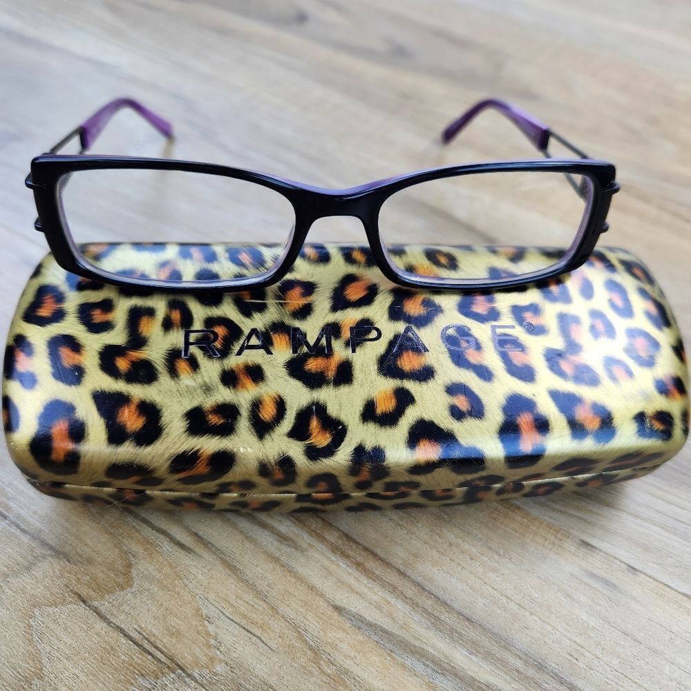 💜Vintage Rampage Black & Purple Eyeglasses & Leopard Hardshell Case - Picture 4 of 12